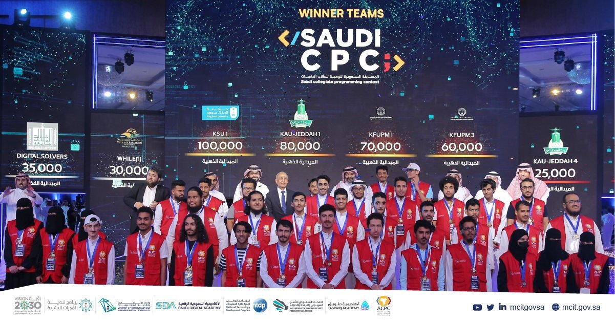 فريق كلية علوم الحاسب والمعلومات يحقق المركز الرابع بالميدالية الفضية في المسابقة السعودية للبرمجة.  
