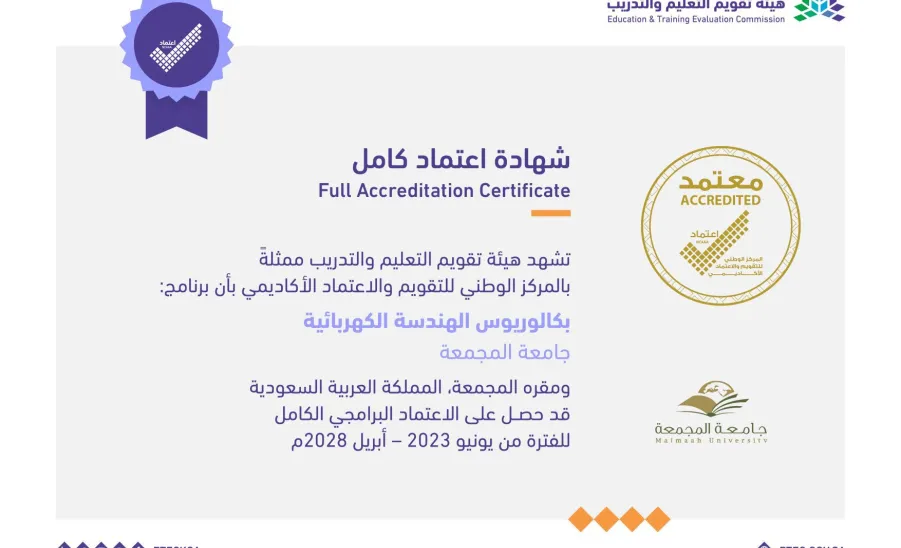 ELECTRICAL AND CIVIL & ENVIRONMENTAL ENGINEERING DEPARTMENTS OBTAINS THE FULL ACCREDITATION CERTIFICATE - جامعة المجمعة 