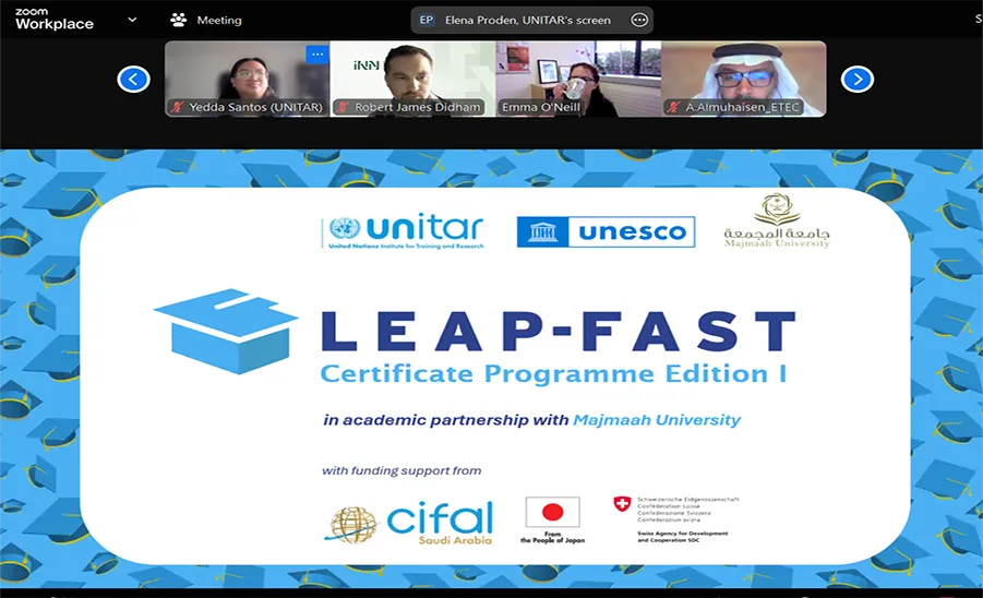 انطلاق برنامج LEAP-FAST الدولي لقيادة التحول في التعليم العالي نحو الاستدامة والذي تنفذه جامعة المجمعة بالشراكة مع الأمم معهد الأمم المتحدة للبحث والتدريب واليونسكو - انطلاق برنامج LEAP-FAST الدولي لقيادة التحول في التعليم العالي نحو الاستدامة والذي تنفذه جامعة المجمعة بالشراكة مع الأمم معهد الأمم المتحدة للبحث والتدريب واليونسكو
