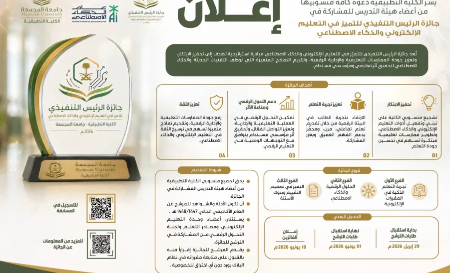 The Applied College launches the Excellence Award in E-Learning and Artificial Intelligence -  تصميم 