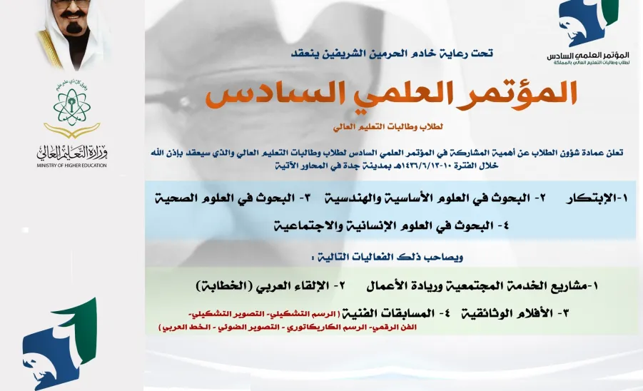 عمادة شؤون الطلاب وبالتعاون مع مركز الابتكار والأفكار الطلابية المتميزة شركاء في المؤتمر العلمي السادس للعام 1435 – 1436 هـ - 