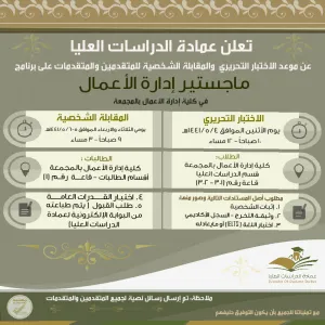 عمادة الدراسات العليا تعلن عن موعد الاختبار التحريري والمقابلة الشخصية  للمتقدمين والمتقدمات في برنامج ماجستير إدارة الأعمال