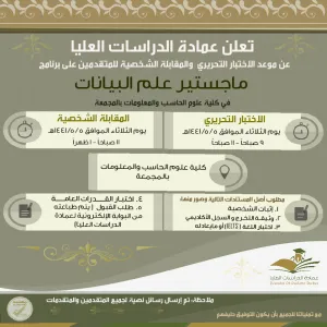 عمادة الدراسات العليا تعلن عن موعد الاختبار التحريري والمقابلة الشخصية للمتقدمين في برنامج ماجستير علم البيانات