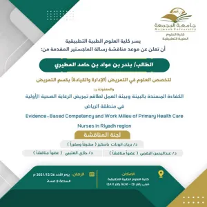 Invitation to a Master Degree Viva for the student: Bandar Al-Mutairi, Department of Nursing