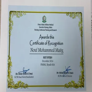 A student of College of Nursing honored for winning the best internship student at Prince Sultan Military Medical City