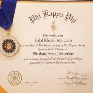 SCHOLARSHIP STUDENT DALAL AL-MUTAIRI RECEIVES EXCELLENCE CERTIFICATE FROM (PHI KAPPA PHI)